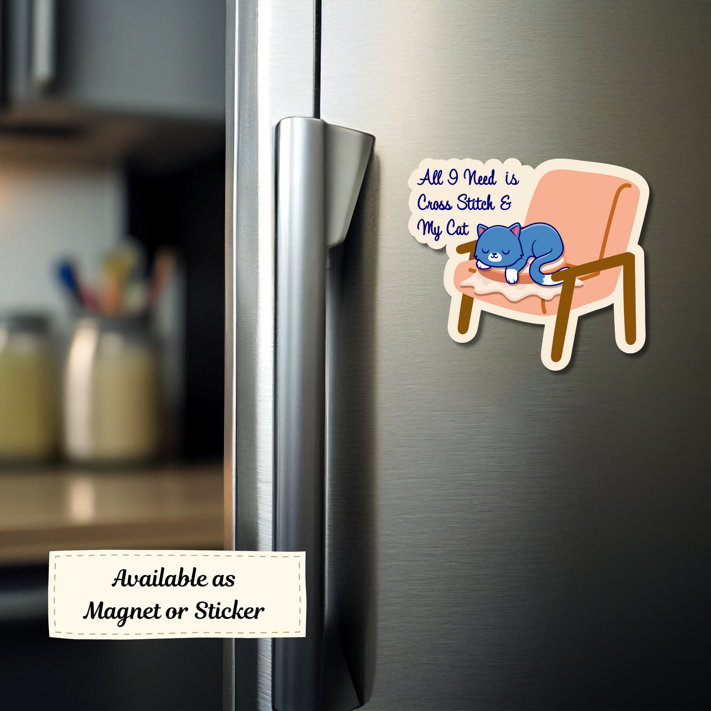 Magnet of cat design on stainless steel fridge