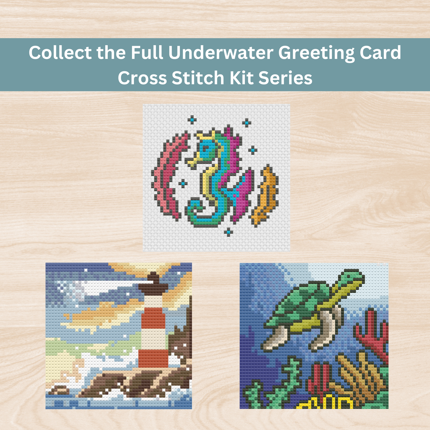Collection of three underwater-themed cross-stitch greeting card designs featuring a seahorse, lighthouse, and sea turtle.