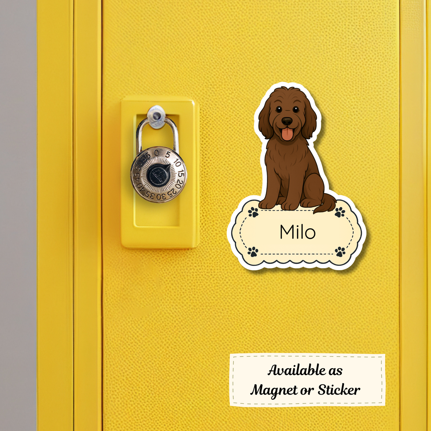 Autocollant personnalisé pour chien - Labradoodle chocolat | Personnalisable avec nom