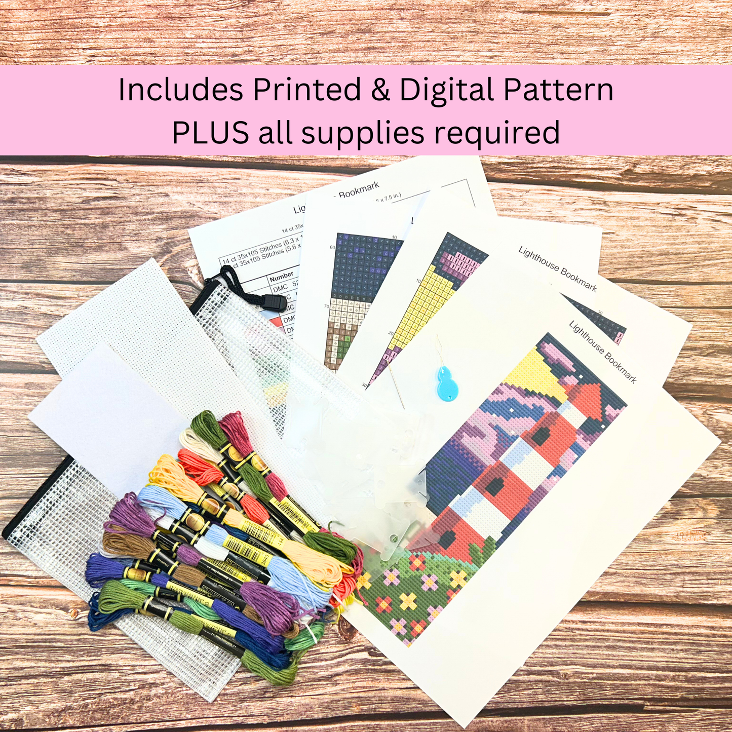 Kit de marque-page phare – Broderie côtière à faire soi-même (6,3 x 19 cm)