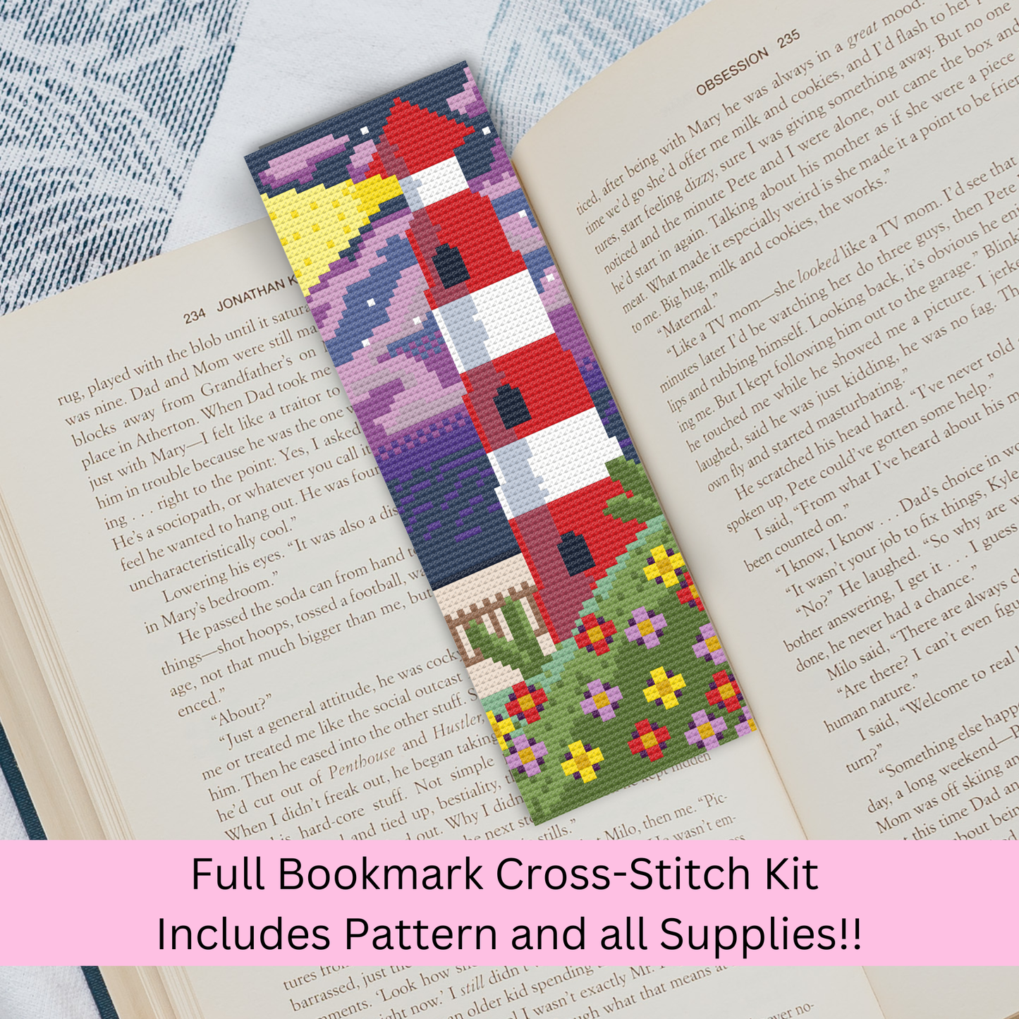 Kit de marque-page phare – Broderie côtière à faire soi-même (6,3 x 19 cm)