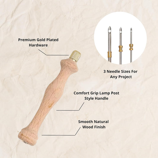 Classic Wooden Punch Needle Tool Set – 3 Needle Tips + Threader