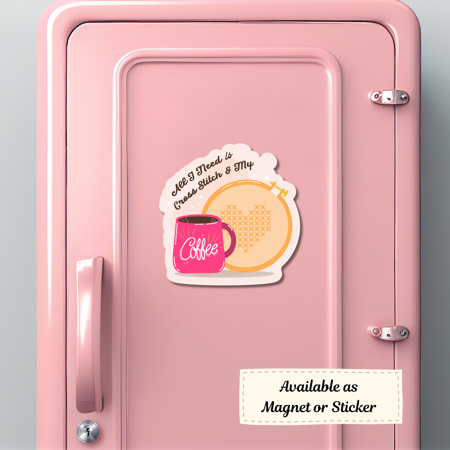  Magnet with cross-stitch and coffee design on a pink locker door, ideal for crafty storage vibes