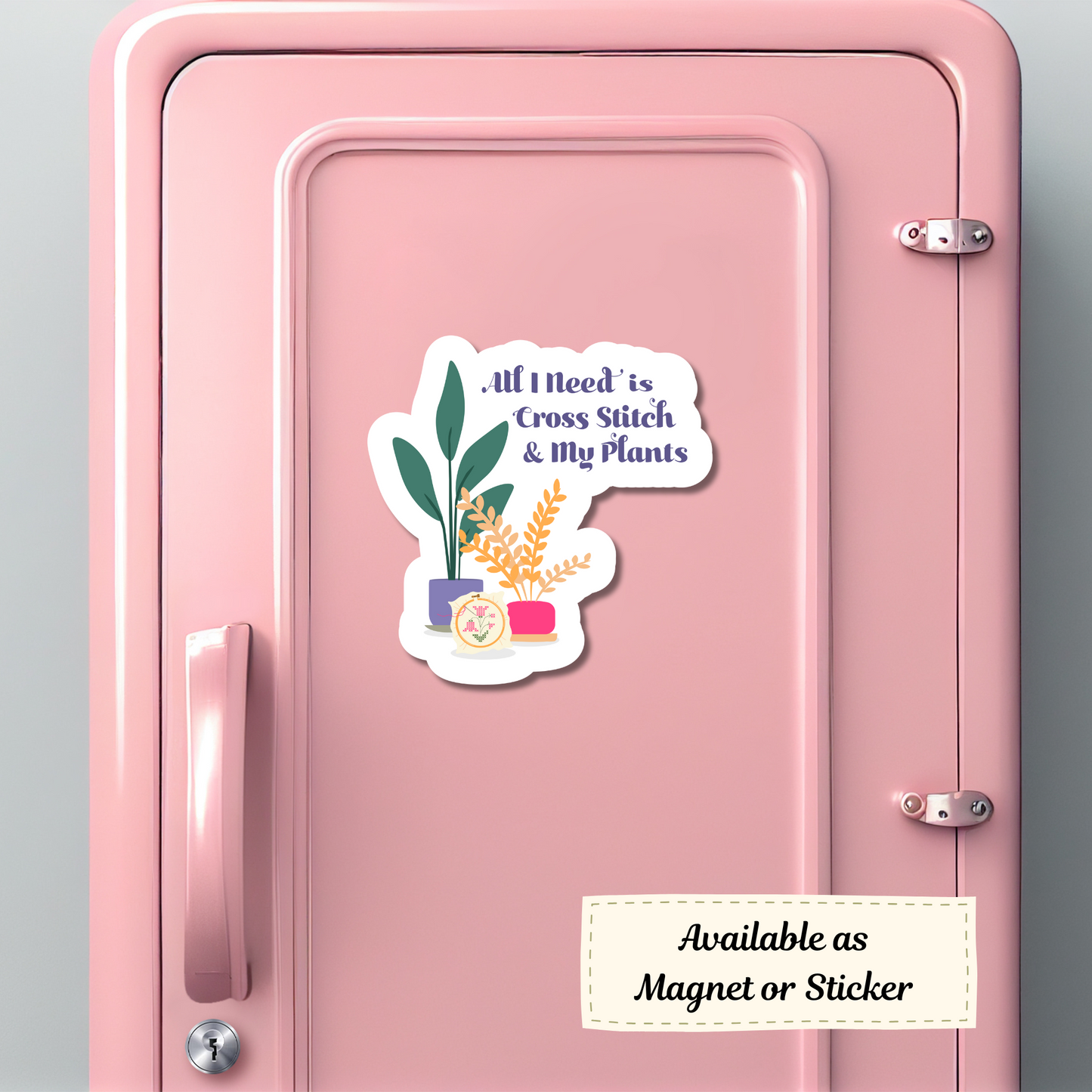 Cute plant and cross-stitch quote magnet on a pink locker for cozy organization