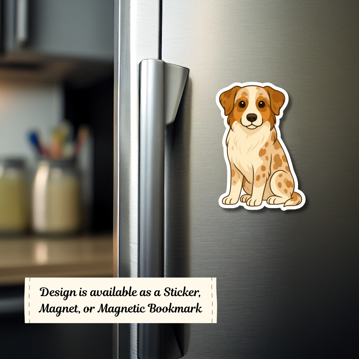 Dog magnet on a refrigerator with text about product availability.