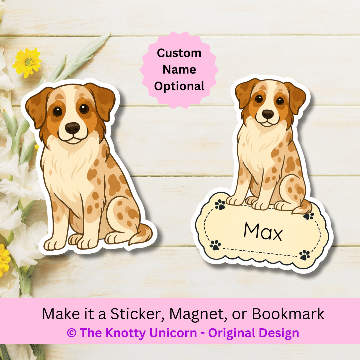 Aimant personnalisé Berger Australien – Rouge Merle | Personnalisable avec le nom de l'animal