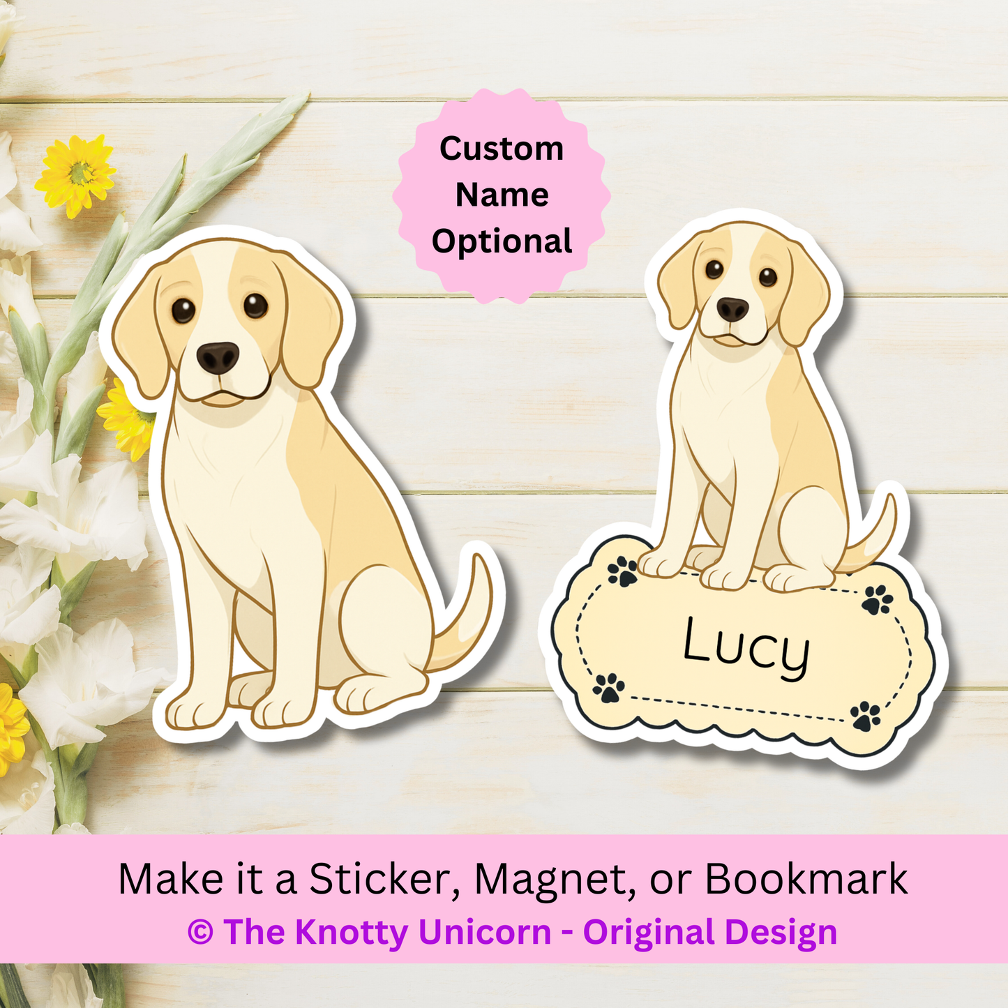 Aimant personnalisé pour chien Beagle – Citron et blanc | Personnalisable avec le nom de l'animal