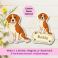 Aimant personnalisé pour chien Beagle - Rouge et blanc | Personnalisable avec le nom de l'animal