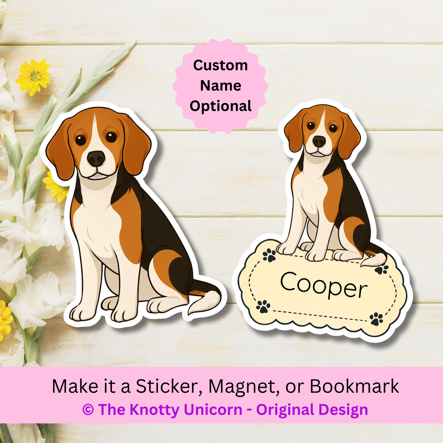 Aimant personnalisé pour chien Beagle – Tricolore | Personnalisable avec le nom de l'animal