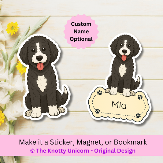 Aimant personnalisé Bernedoodle - Noir et blanc | Personnalisable avec le nom de l'animal