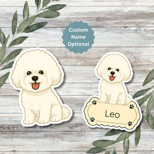 Autocollant personnalisé pour chien Bichon frisé – Blanc à poil long | Personnalisable avec nom