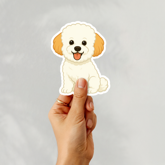 Autocollant personnalisé pour chien Bichon frisé – Blanc avec oreilles abricot | Personnalisable avec votre nom