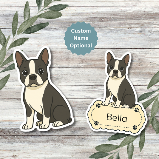 Autocollant personnalisé pour chien Boston Terrier - Noir et blanc | Personnalisable avec votre nom