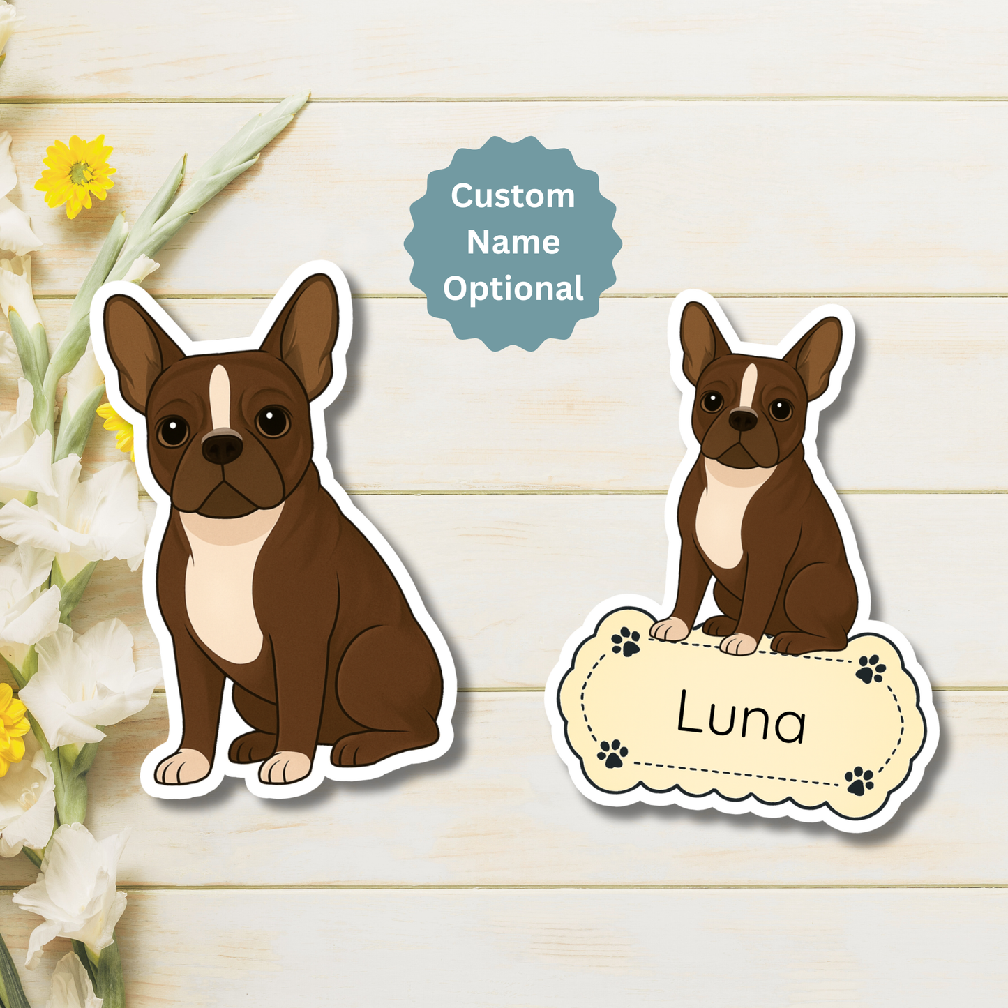 Aimant personnalisé pour chien Boston Terrier - Sceau et blanc | Personnalisé avec le nom de l'animal