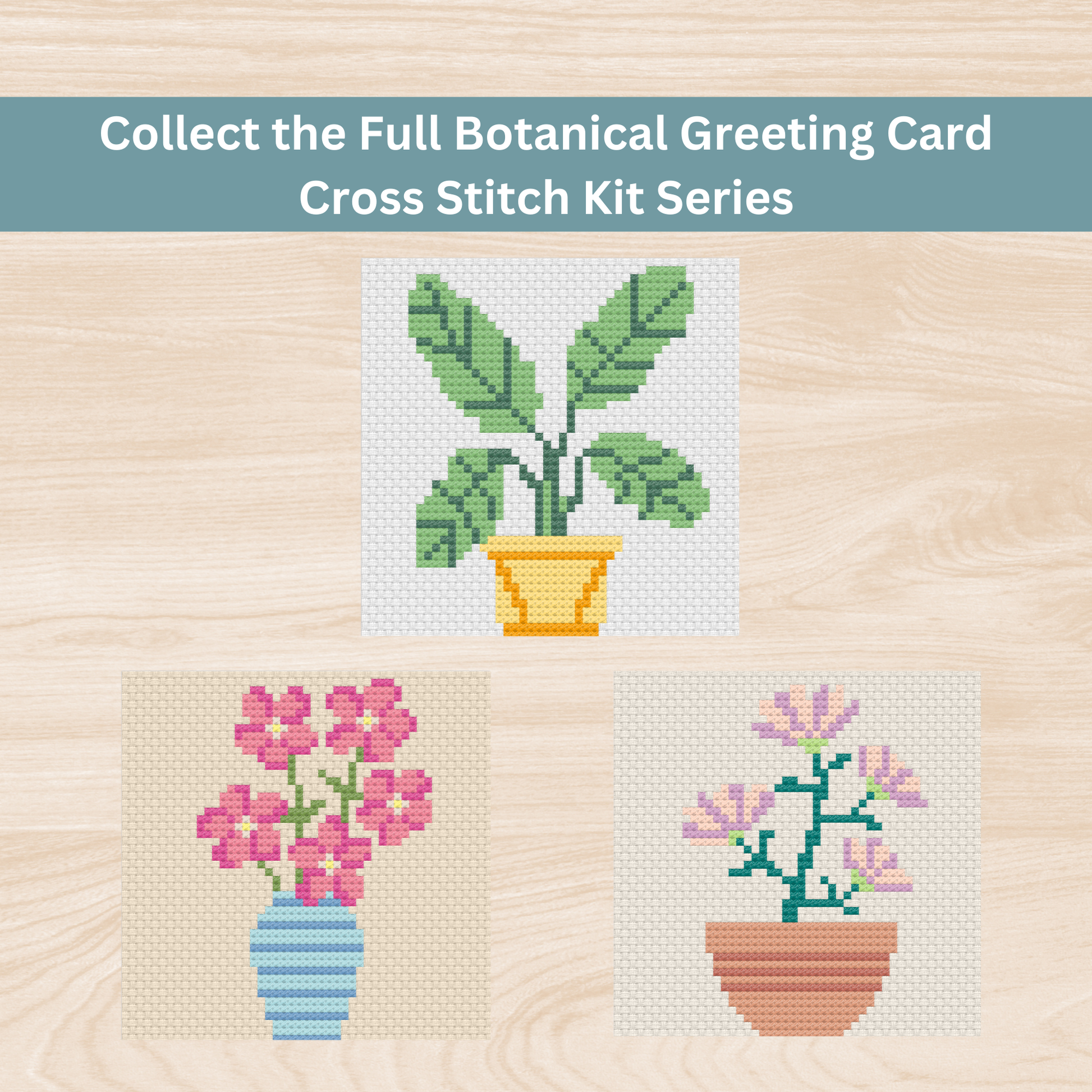 Collection of three botanical cross-stitch greeting card designs featuring a leafy houseplant, pink bouquet, and potted flowers.