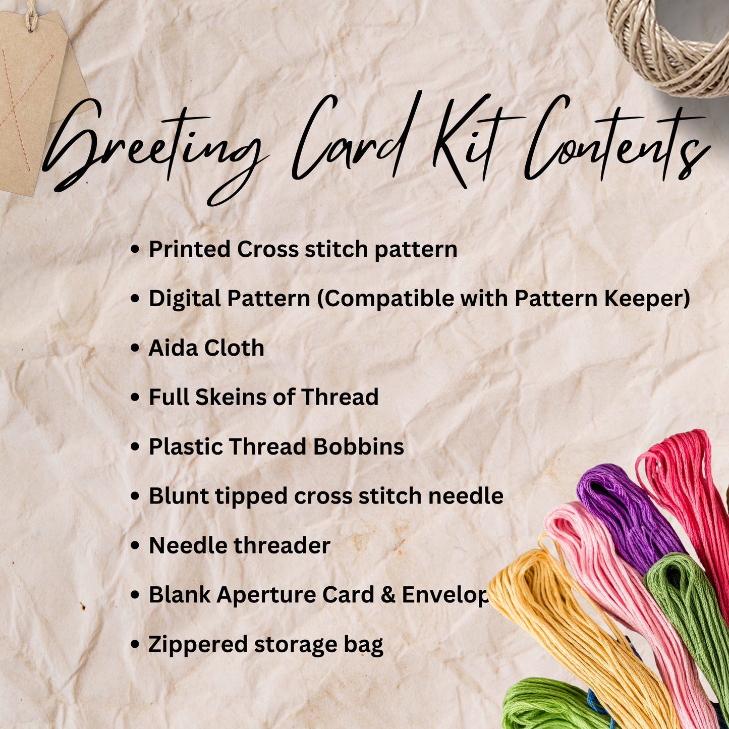 List of contents included in a greeting card cross-stitch kit, featuring printed patterns, digital PDF, embroidery floss, and accessories.