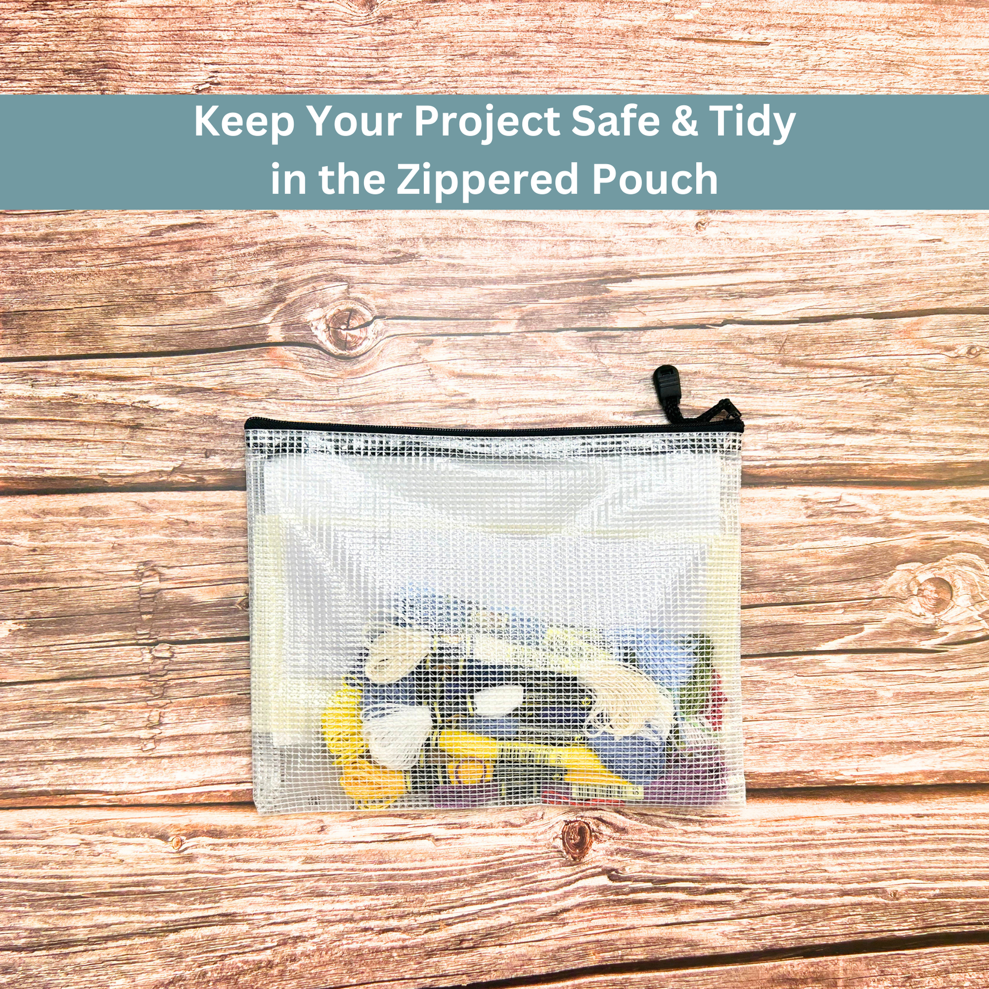 Zippered storage pouch for keeping cross-stitch supplies organized and protected.