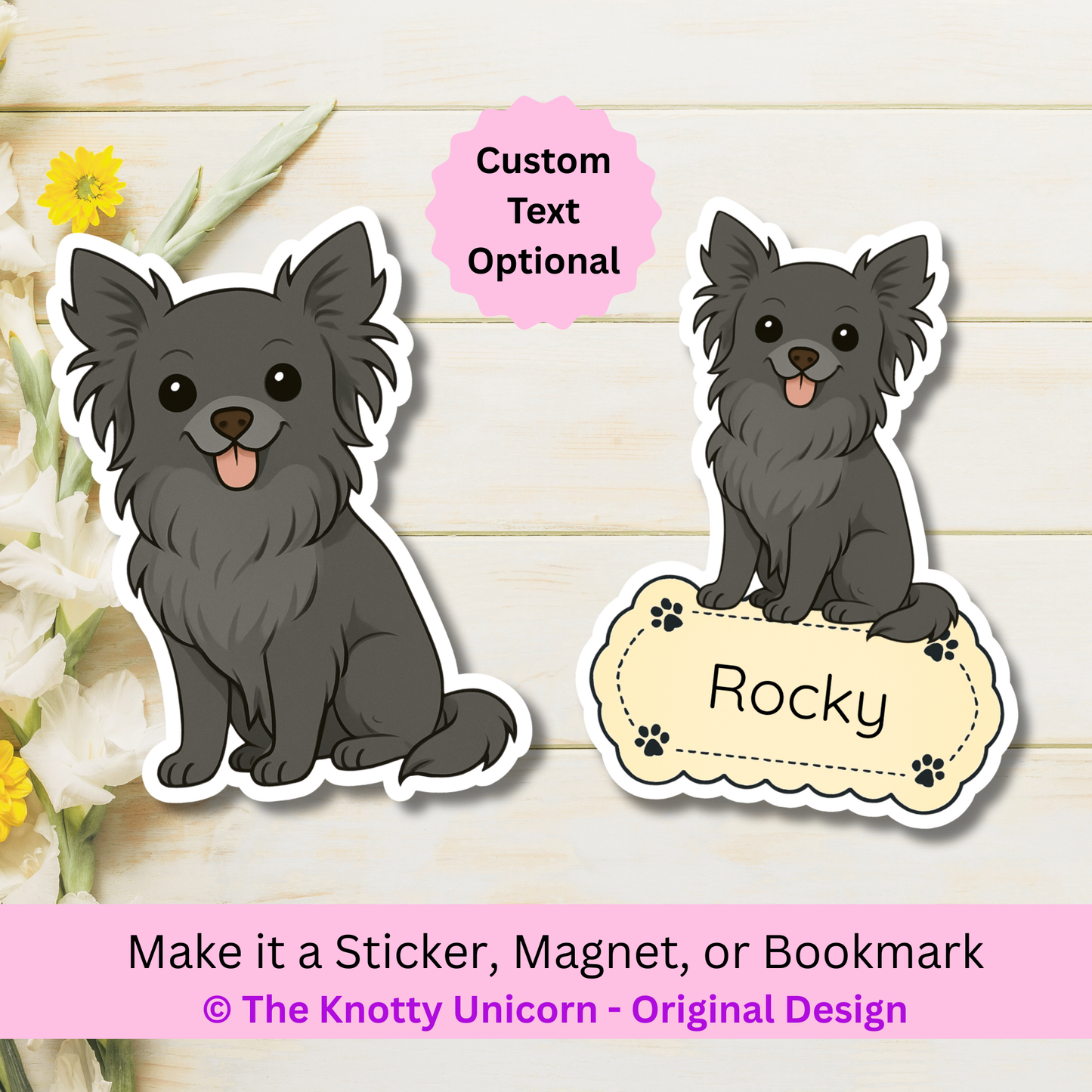Custom Long Haired Chihuahua Dog Magnet / Bookmark - Black