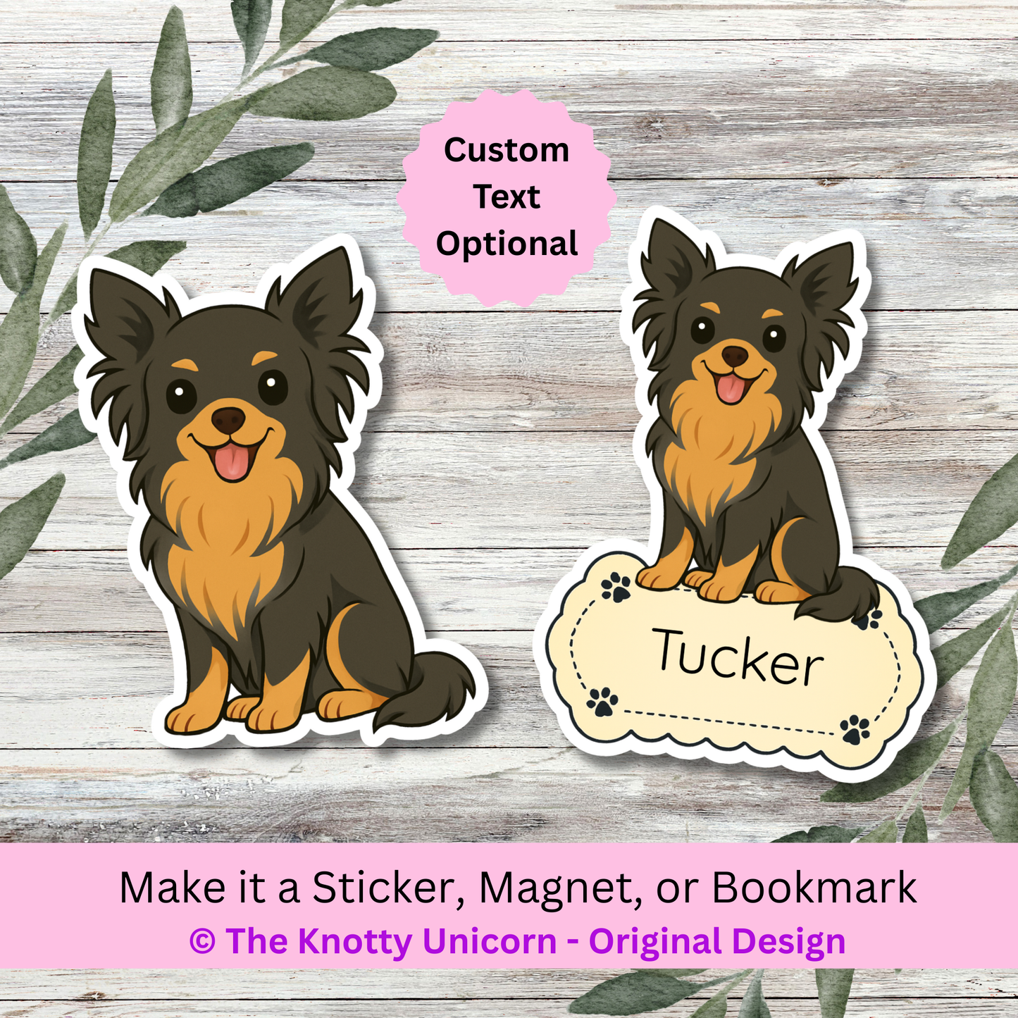 Personalized Long Haired Chihuahua Dog Sticker - Black and Tan