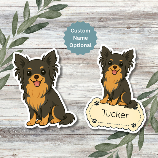 Custom Chihuahua Dog Sticker - Long Haired Black and Tan | Personalized with Name
