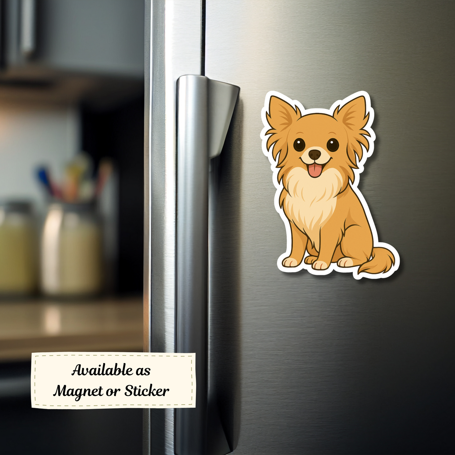 Aimant personnalisé Chihuahua – Fauve à poil long | Personnalisable avec le nom de l'animal