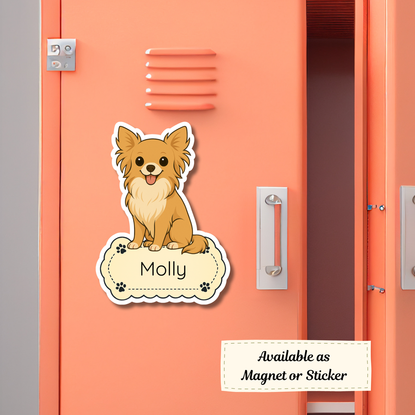 Aimant personnalisé Chihuahua – Fauve à poil long | Personnalisable avec le nom de l'animal