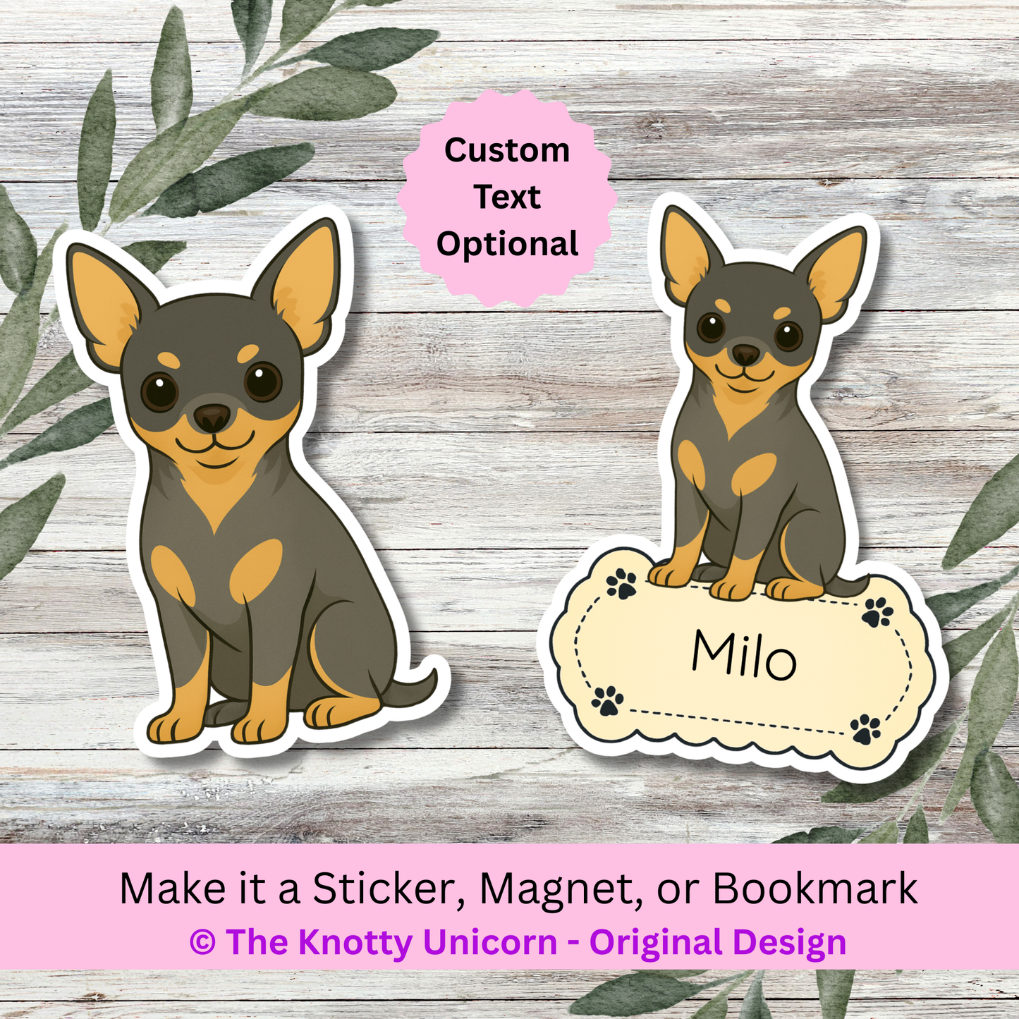 Personalized Short Haired Chihuahua Dog Sticker - Black and Tan