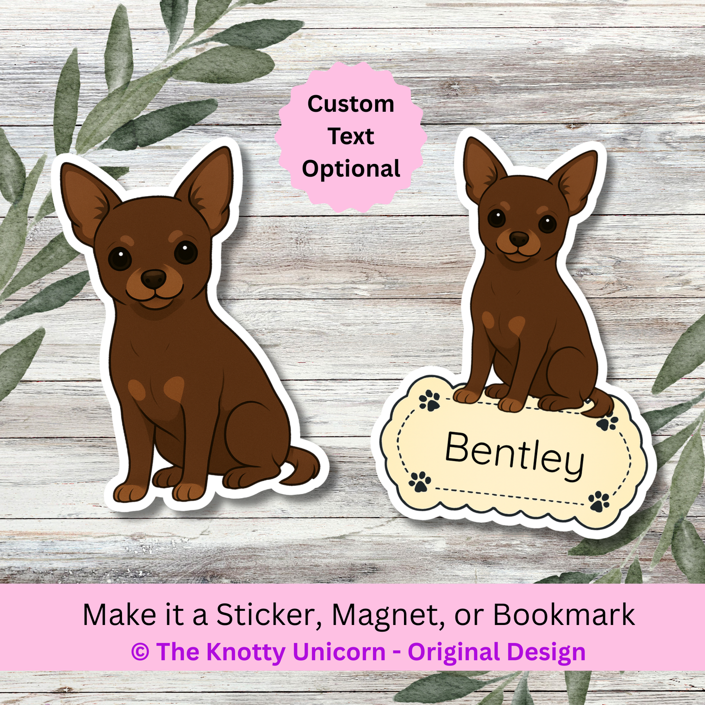 Personalized Short Haired Chihuahua Dog Sticker - Chocolate