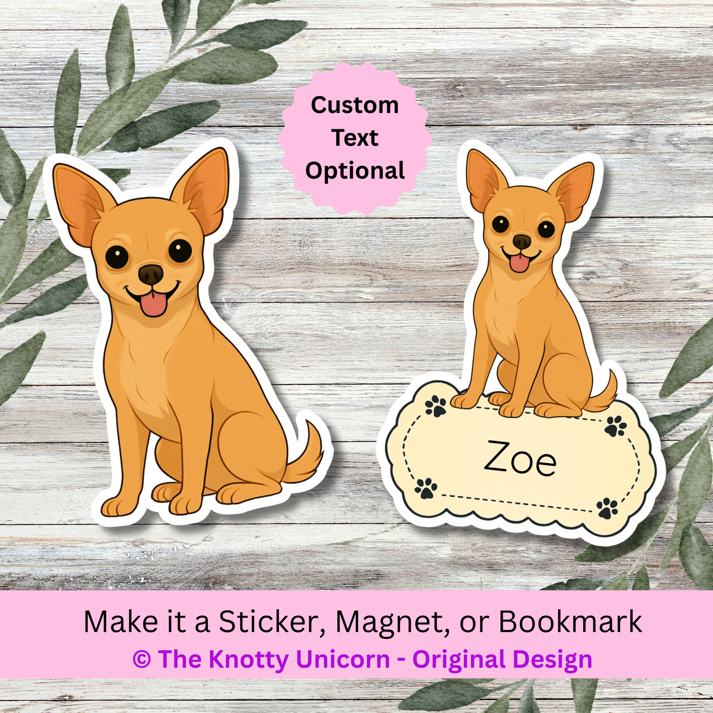 Autocollant personnalisé pour chihuahua - Fauve à poil court | Personnalisable avec nom