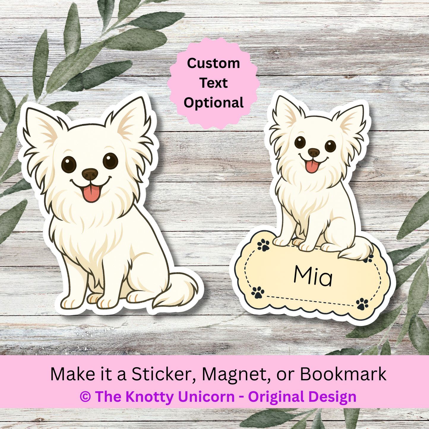 Personalized Long Haired Chihuahua Dog Sticker - White