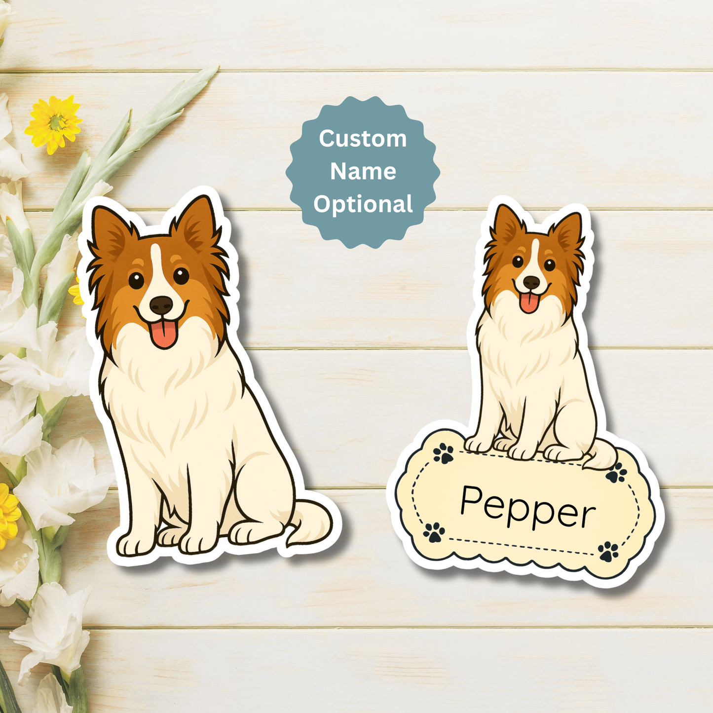 Aimant personnalisé pour chien Collie - Blanc | Personnalisable avec le nom de l'animal