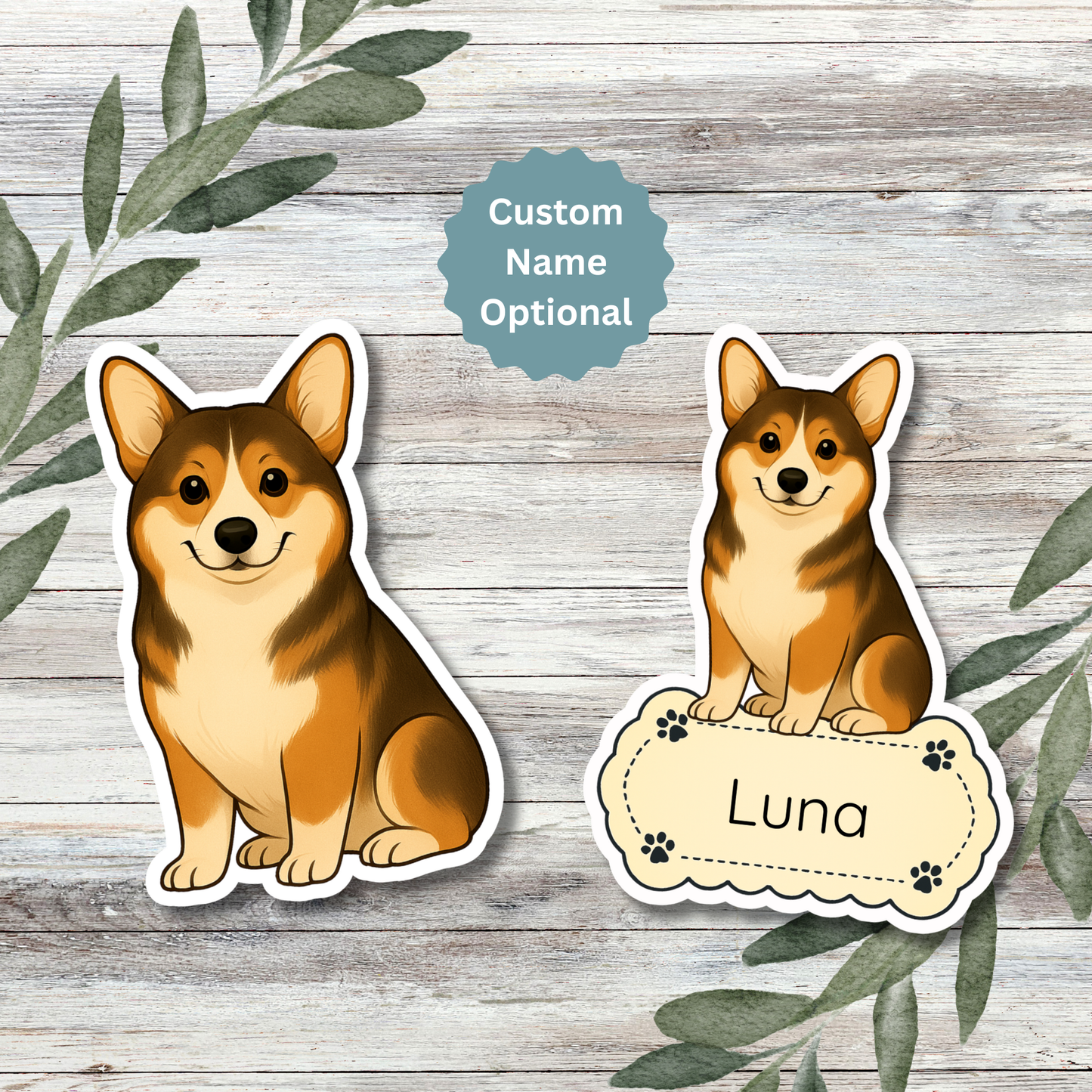 Autocollant personnalisé Pembroke Corgi – Sable et blanc | Personnalisable avec votre nom
