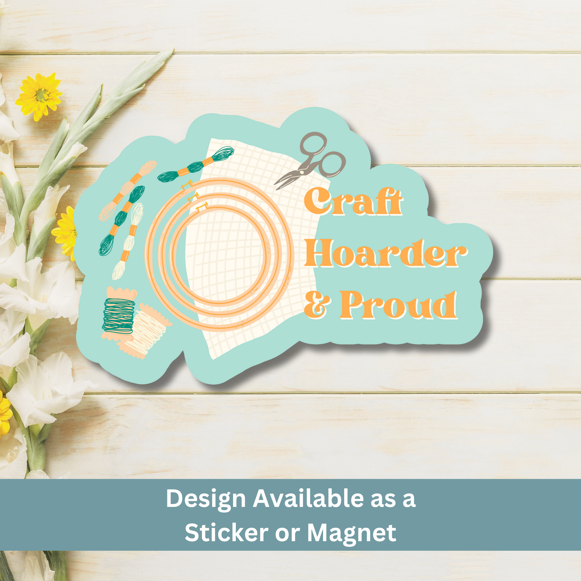 Magnet version of the design on pale wood.