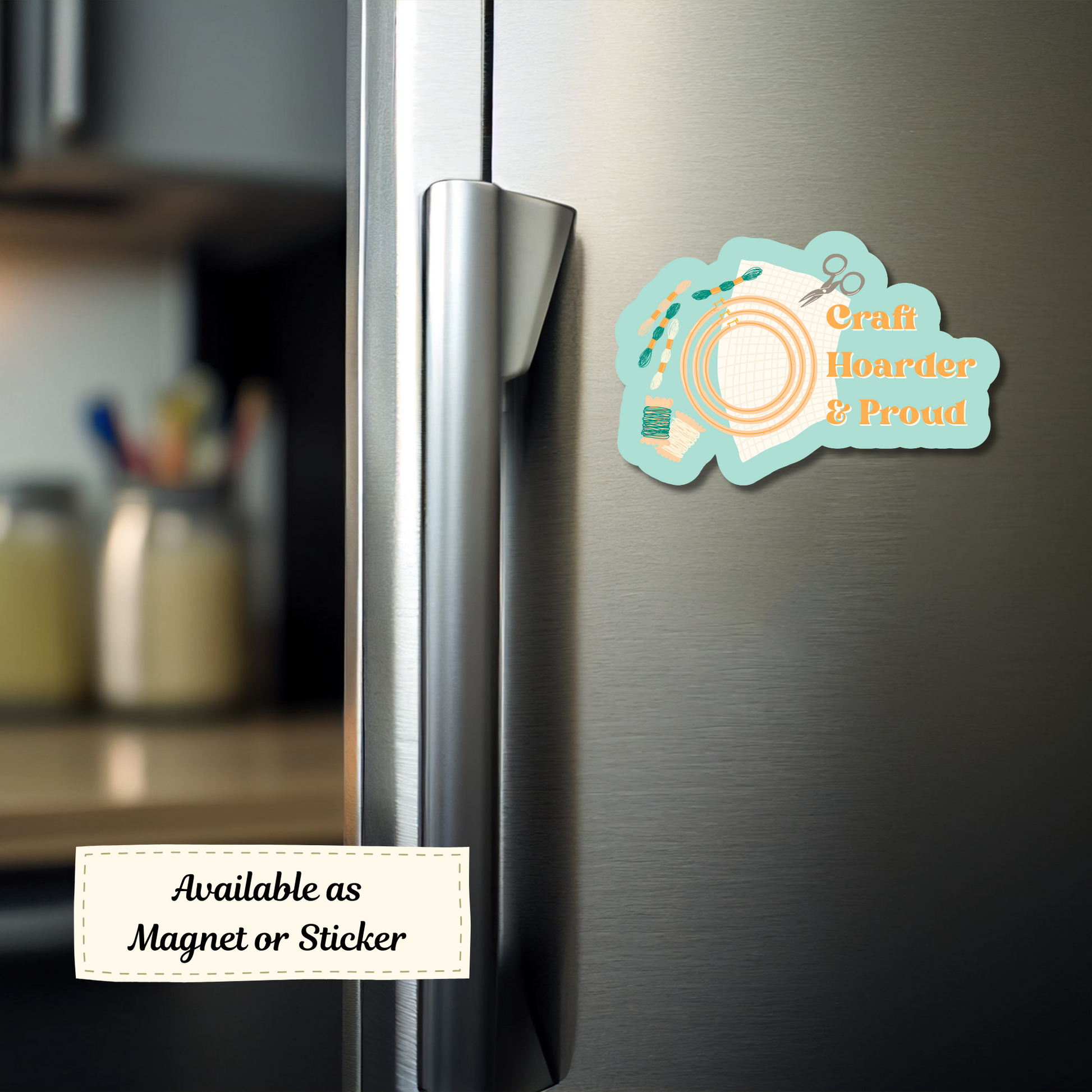 Magnet on fridge with floss and scissors nearby.