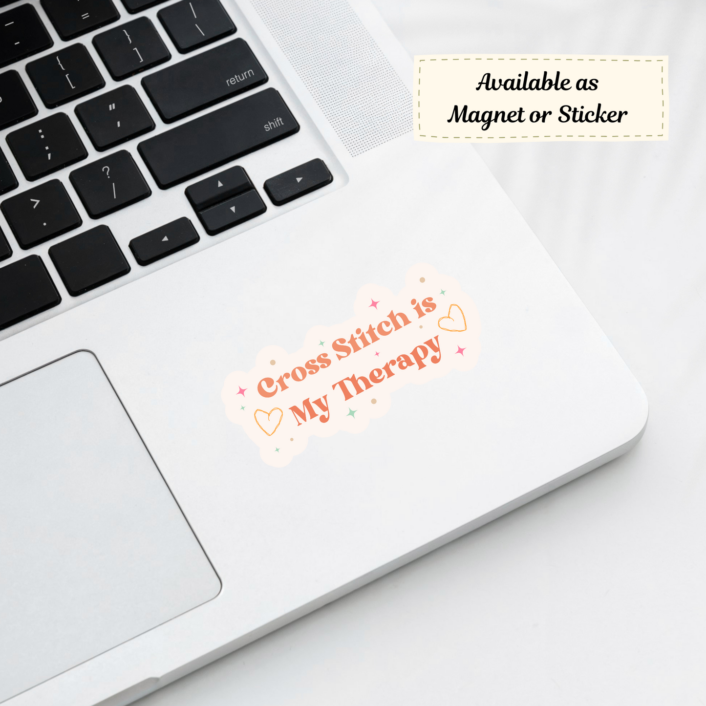 “Cross Stitch is My Therapy” sticker on laptop, bright and soothing design