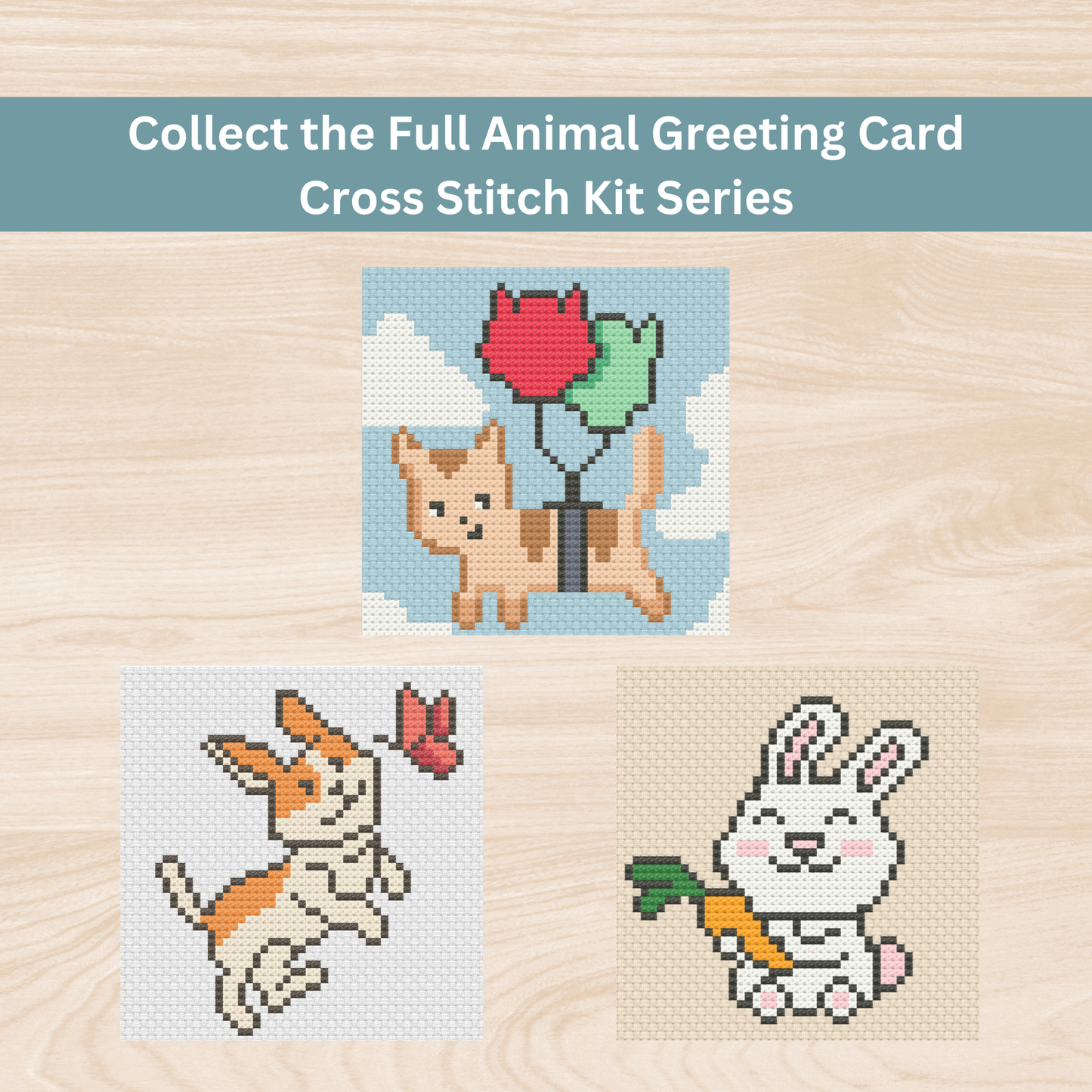 Collection of three cross-stitch greeting card designs featuring a floating cat, playful dog, and happy bunny.