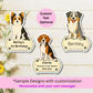 Personalized dog sticker, magnet, and magnetic bookmark examples with custom text