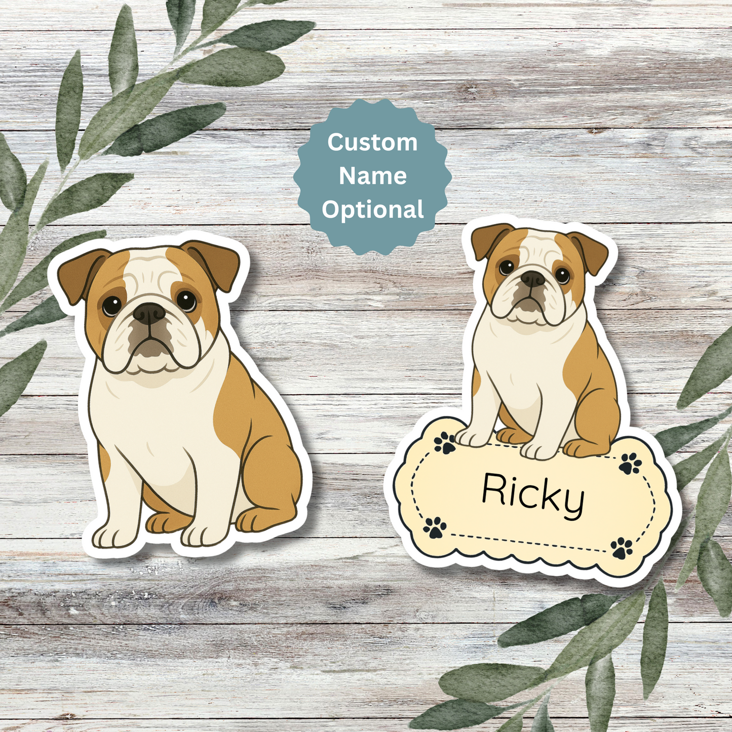 Custom English Bulldog Dog Sticker - Fawn and White | Personalized with Name
