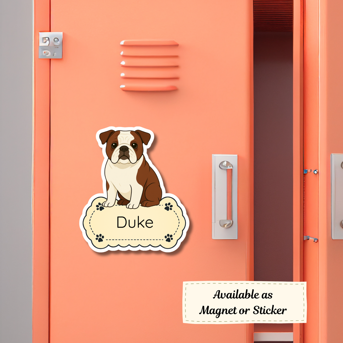 Aimant bouledogue anglais personnalisé – Rouge et blanc | Personnalisable avec le nom de l'animal