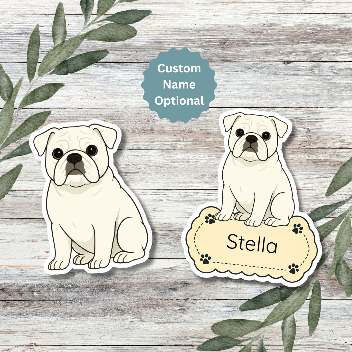 Autocollant bouledogue anglais personnalisé – Blanc | Personnalisable avec nom