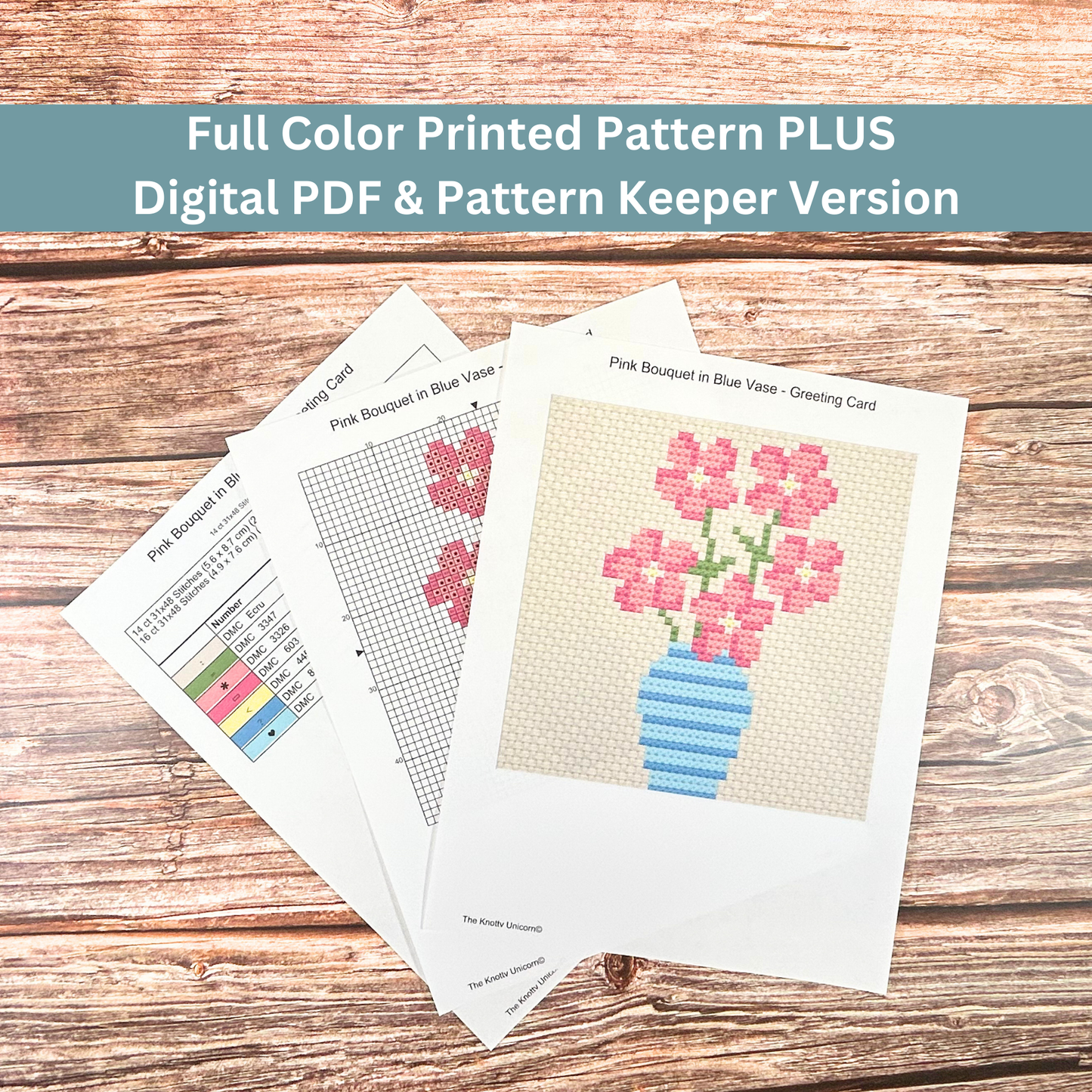 Printed cross-stitch pattern sheets for a pink bouquet in a blue vase design, including a color key and stitch guide.