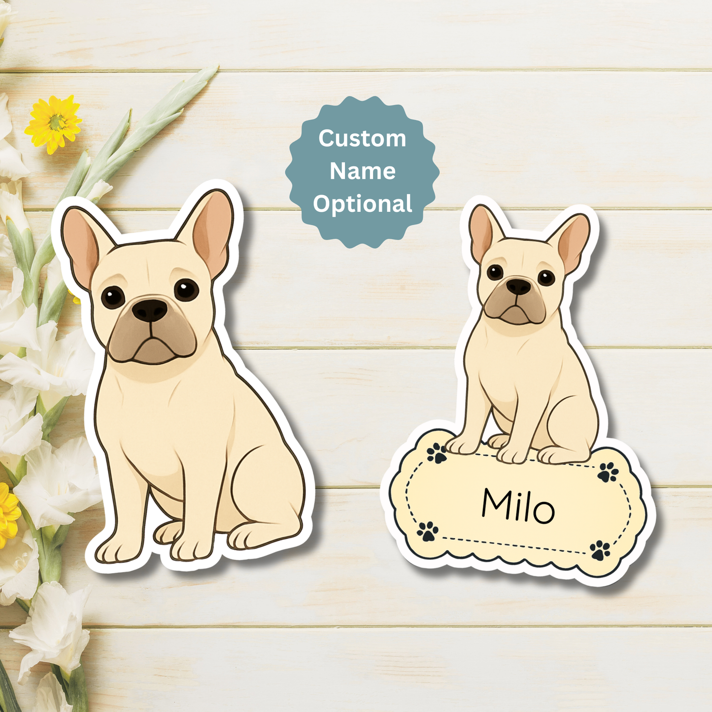 Aimant bouledogue français personnalisé – Crème | Personnalisable avec le nom de l'animal