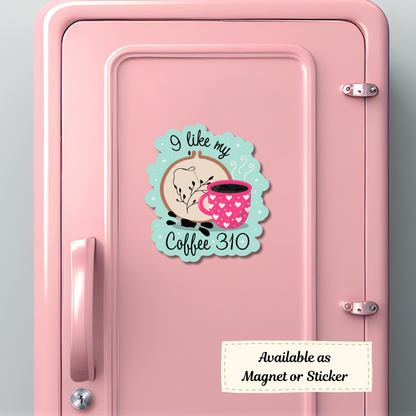 ‘I Like My Coffee 310’ magnet mock-up on pink school locker, featuring cross stitch and mug design