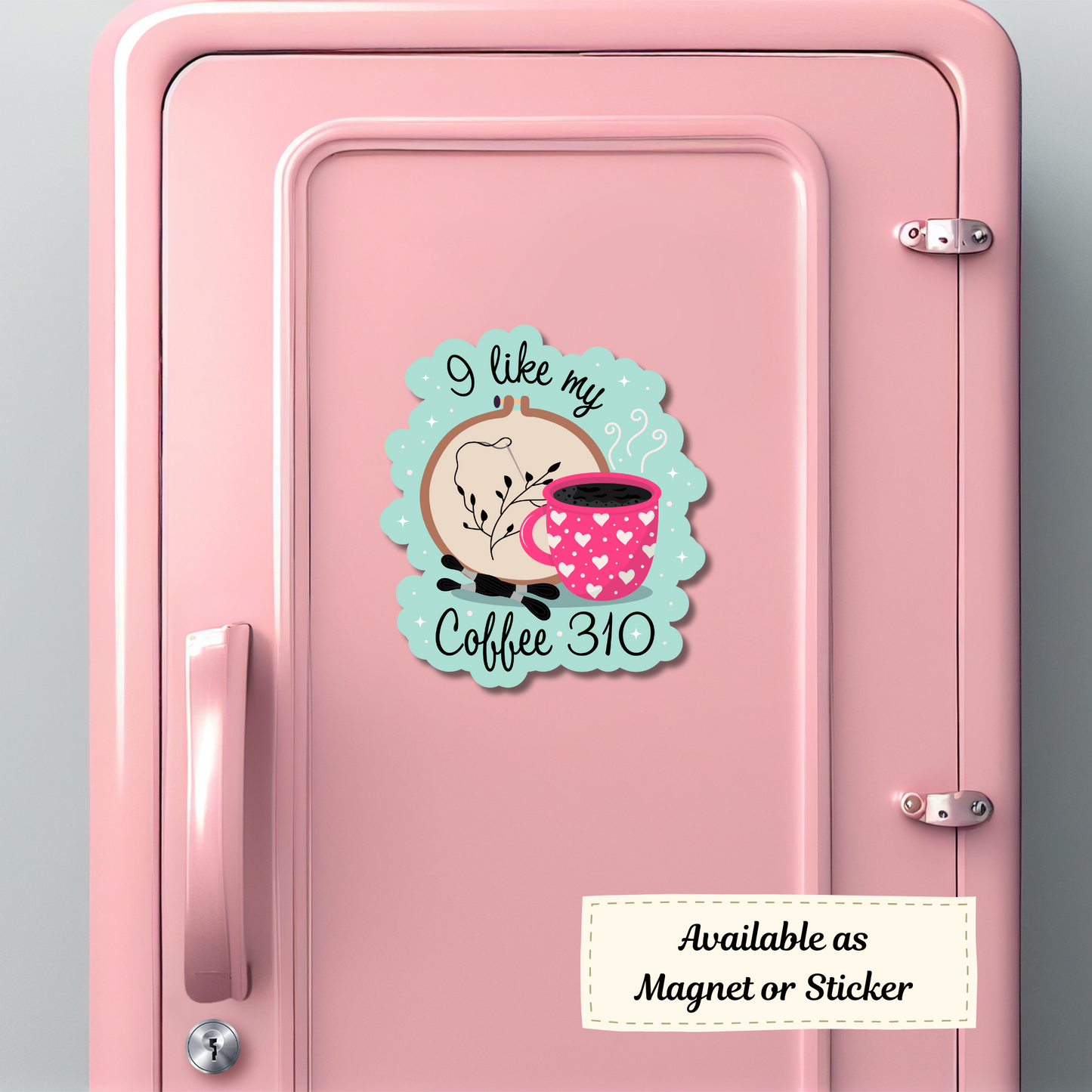 ‘I Like My Coffee 310’ magnet mock-up on pink school locker, featuring cross stitch and mug design