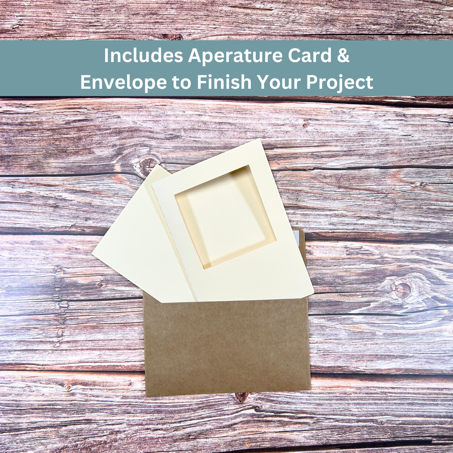 Cream aperture card and envelope included in the cross-stitch kit to complete the project.