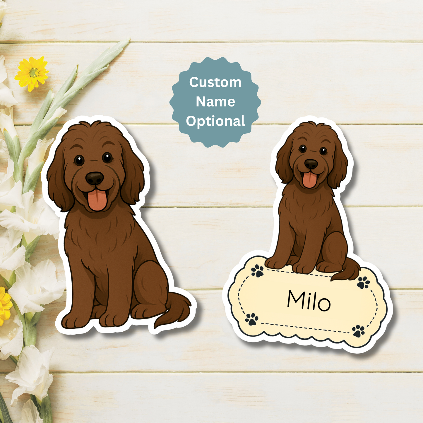 Aimant personnalisé pour chien Labradoodle - Chocolat | Personnalisé avec le nom de l'animal