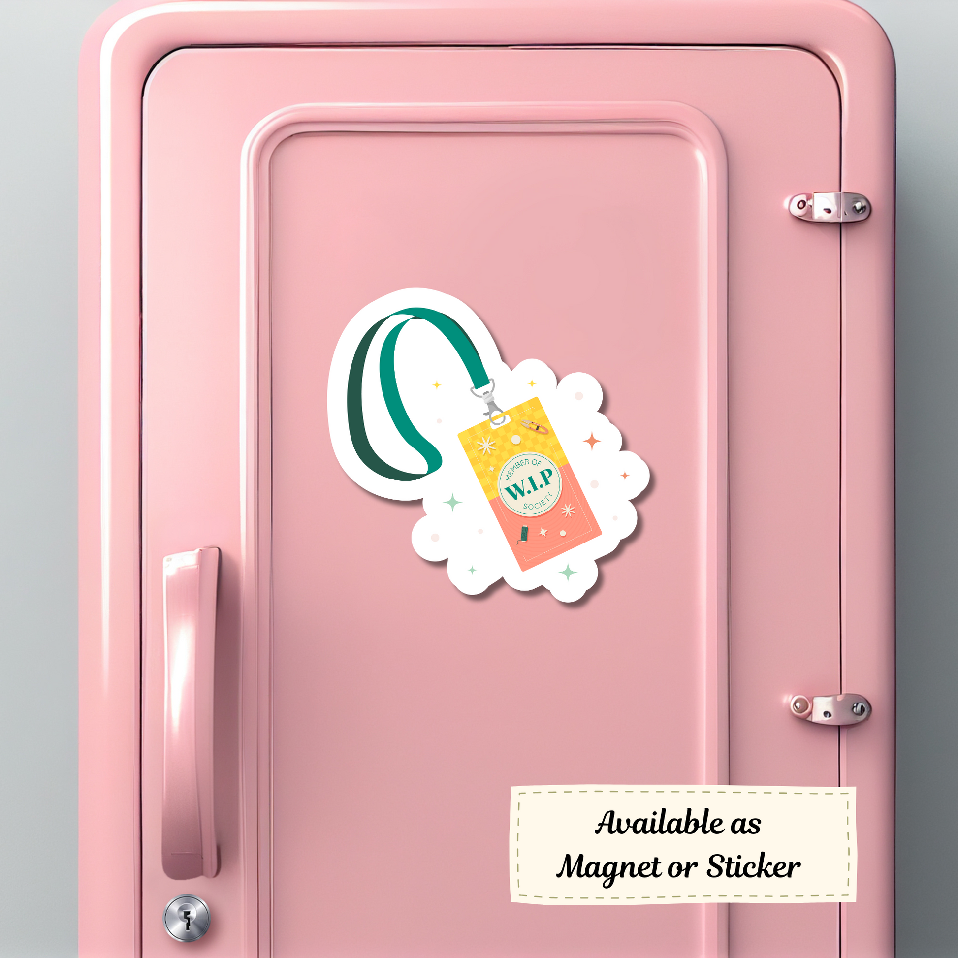 ‘Member of W.I.P. Society’ magnet mock-up on pink school locker with lanyard badge desig