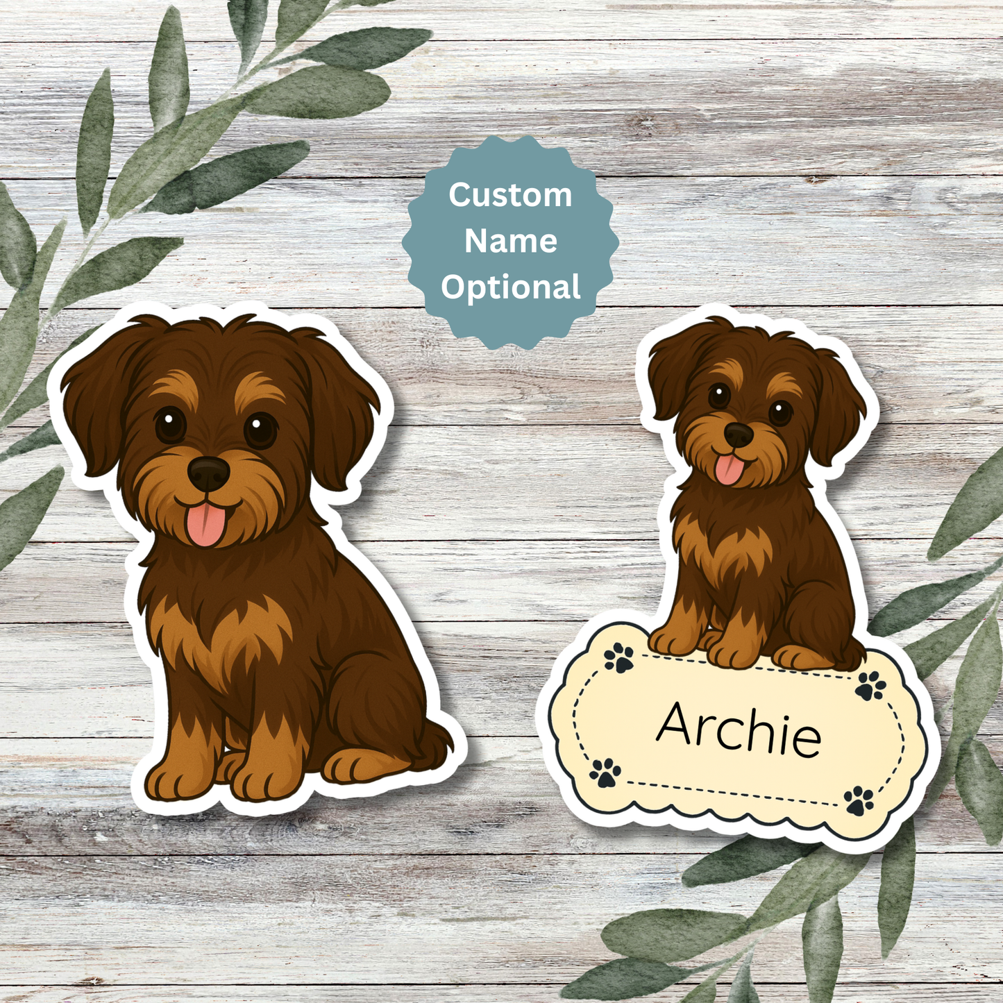 Autocollant personnalisé pour chien Morkie - Chocolat et beige | Personnalisable avec votre nom