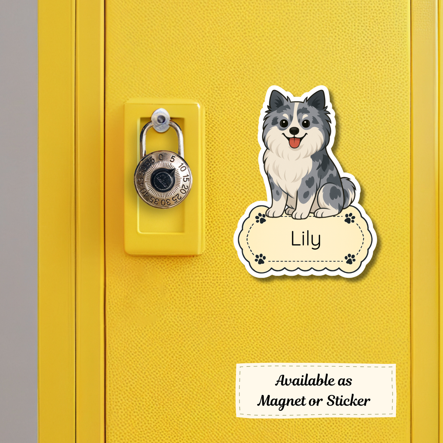 Autocollant personnalisé pour chien Pomeranian – Bleu Merle | Personnalisable avec votre nom