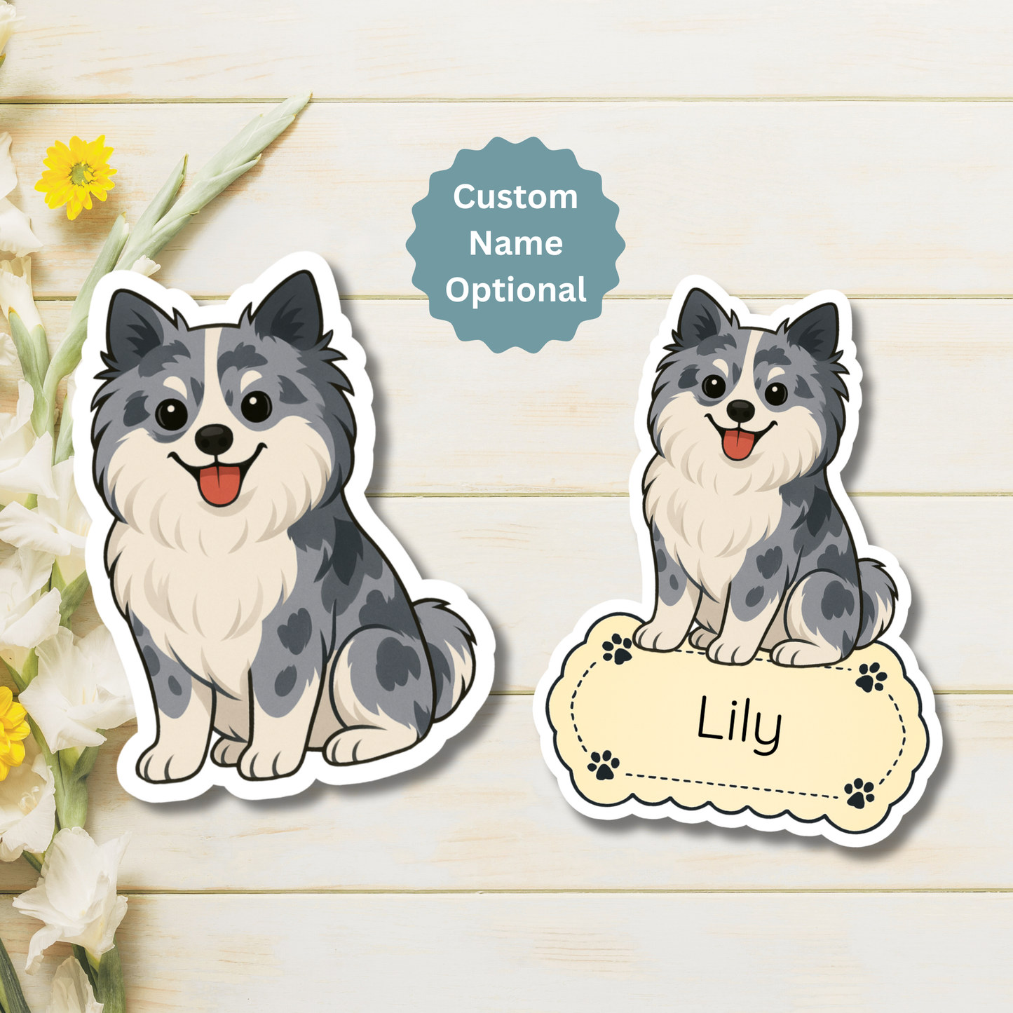 Aimant personnalisé pour chien Pomeranian – Bleu merle | Personnalisable avec le nom de l'animal